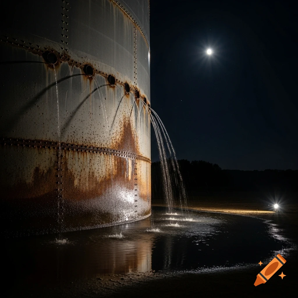 A rusty water tank leaks several streams of water onto the ground at night, under a bright full moon.
