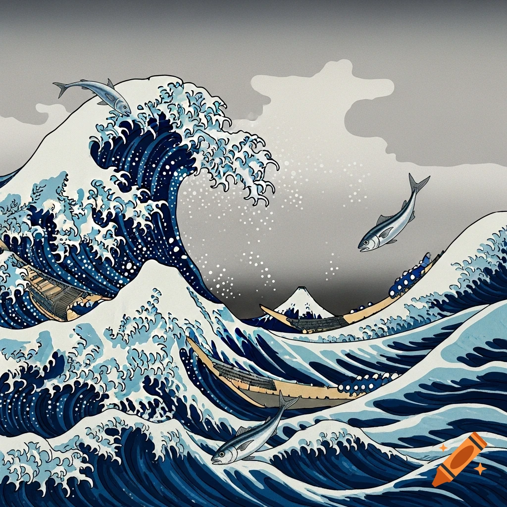 Stylized Japanese woodblock art of a great blue wave with boats, jumping fish, and Mount Fuji under a gray sky.