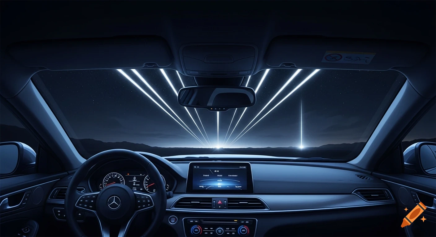 Interior view from a car at night, looking out the windshield at a starry sky with converging light beams and a distant bright light.