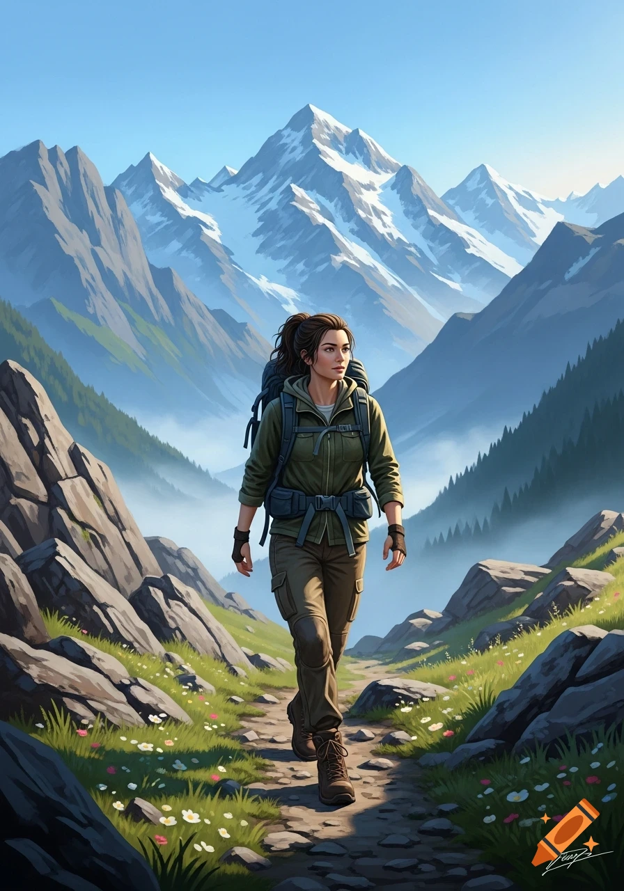 A woman with a backpack walks on a mountain path, surrounded by rocky terrain, green hills, and distant snow-capped mountains.