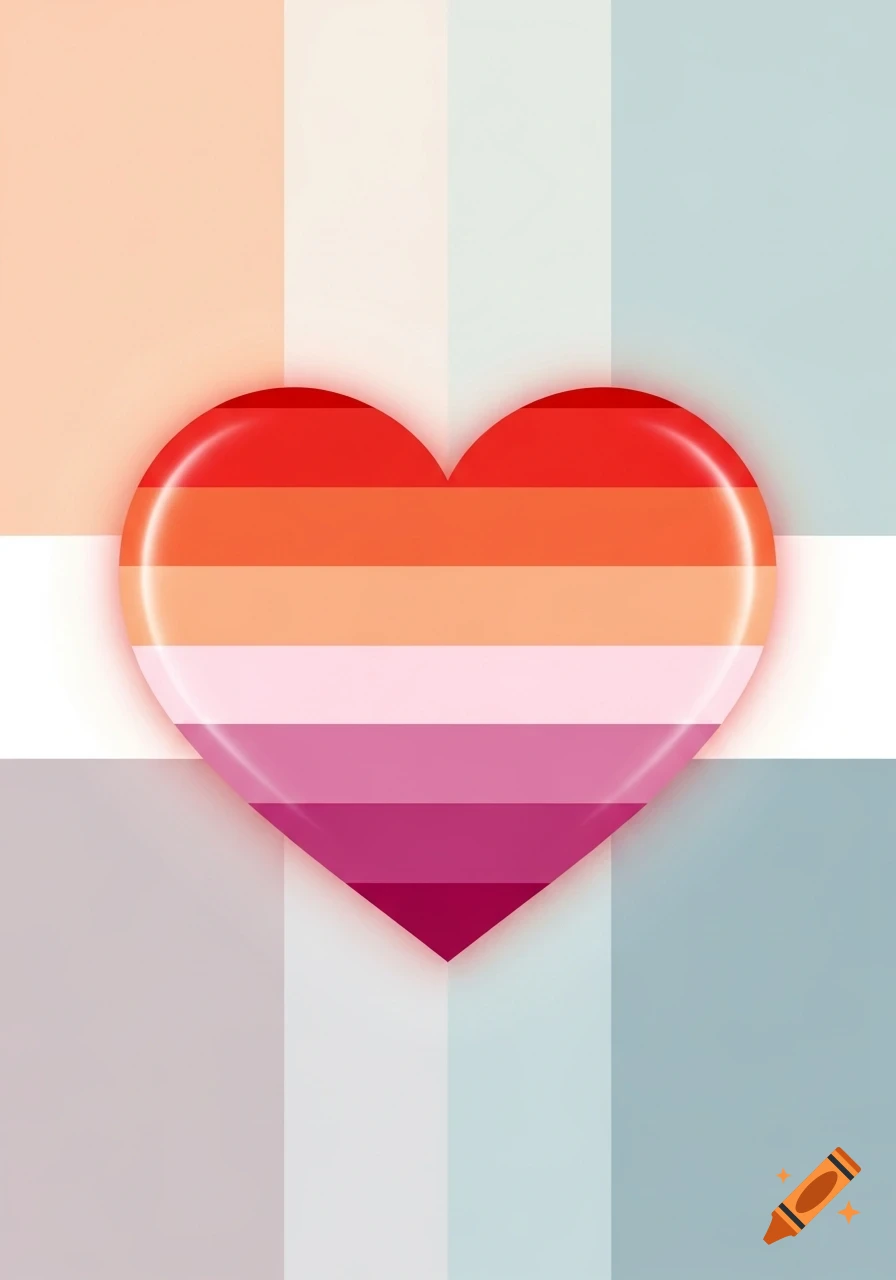 A glossy heart with the red, orange, white, pink, and magenta stripes of the lesbian flag, centered on a background featuring a cross-shaped pattern of muted peach, white, and blue-gray, reminiscent of the demiboy flag.