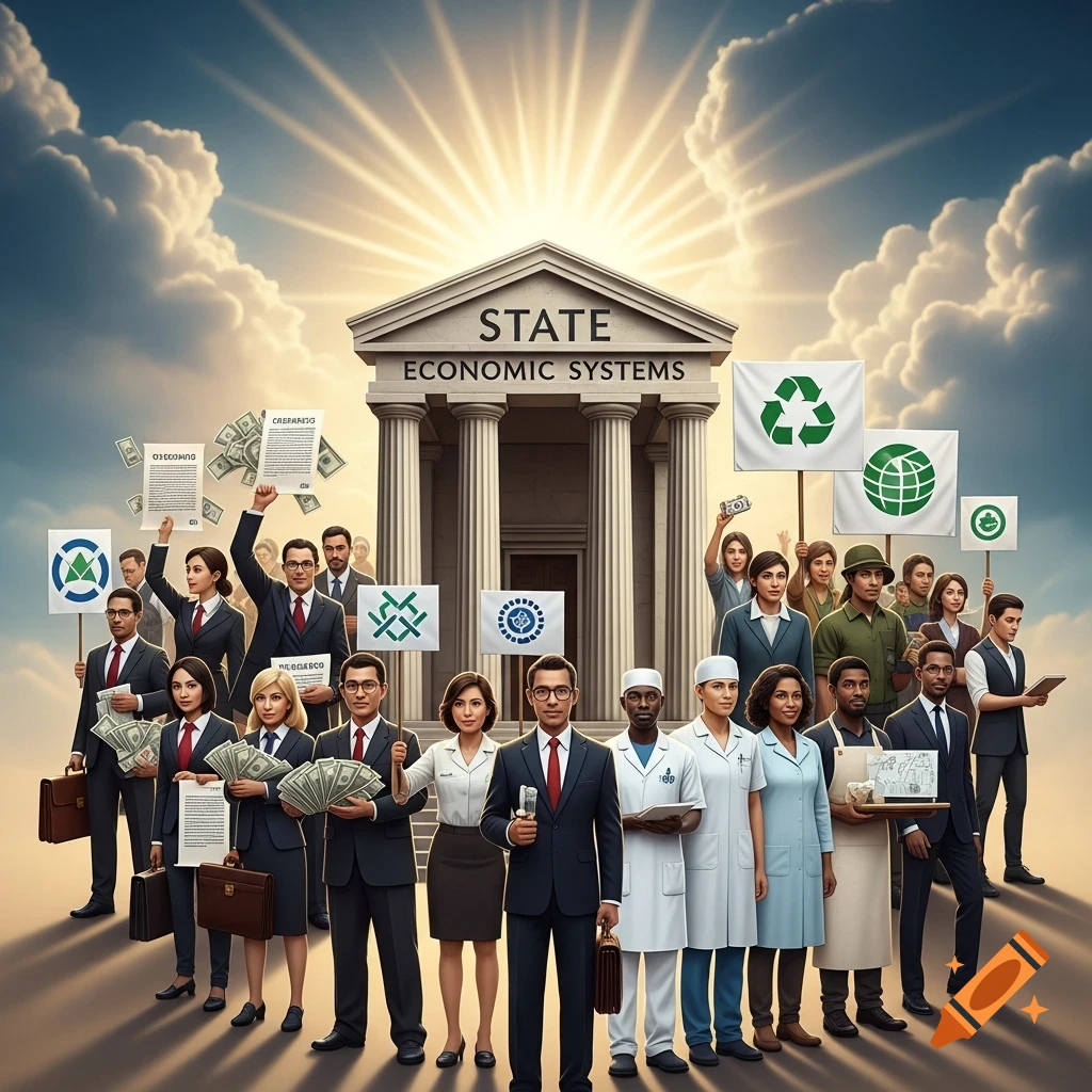 A diverse group of professionals and citizens representing various interest groups stand before a classical building labeled 'STATE ECONOMIC SYSTEMS' under a bright sky.