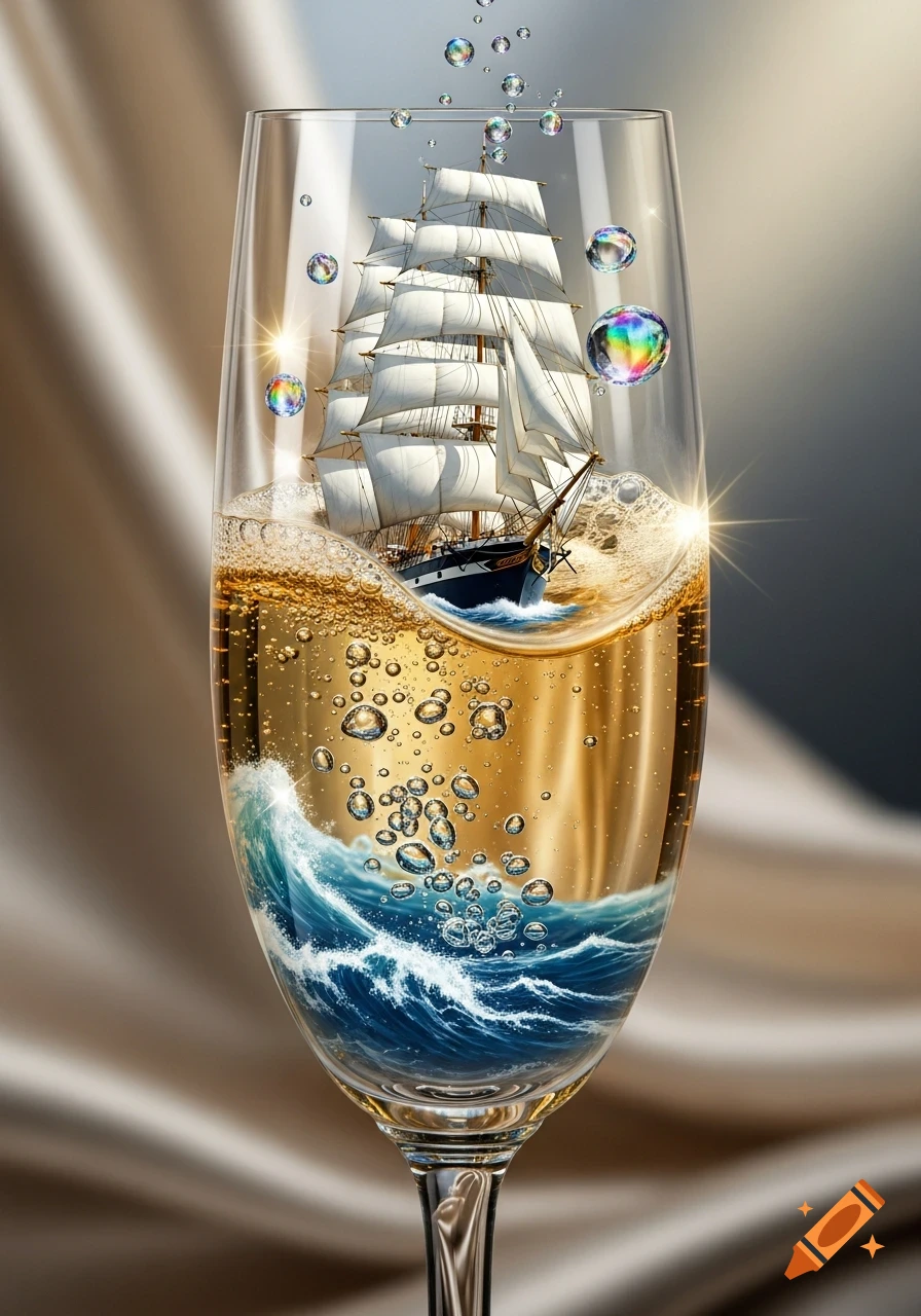 A photorealistic image of a tall ship sailing on waves within a champagne glass, surrounded by iridescent bubbles.