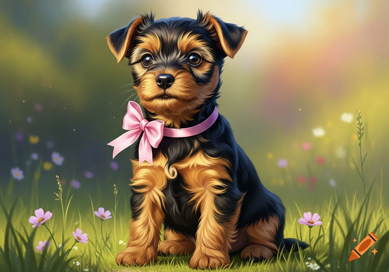 A cute brown and black terrier puppy wearing a pink bow sits in a grassy field with small flowers.
