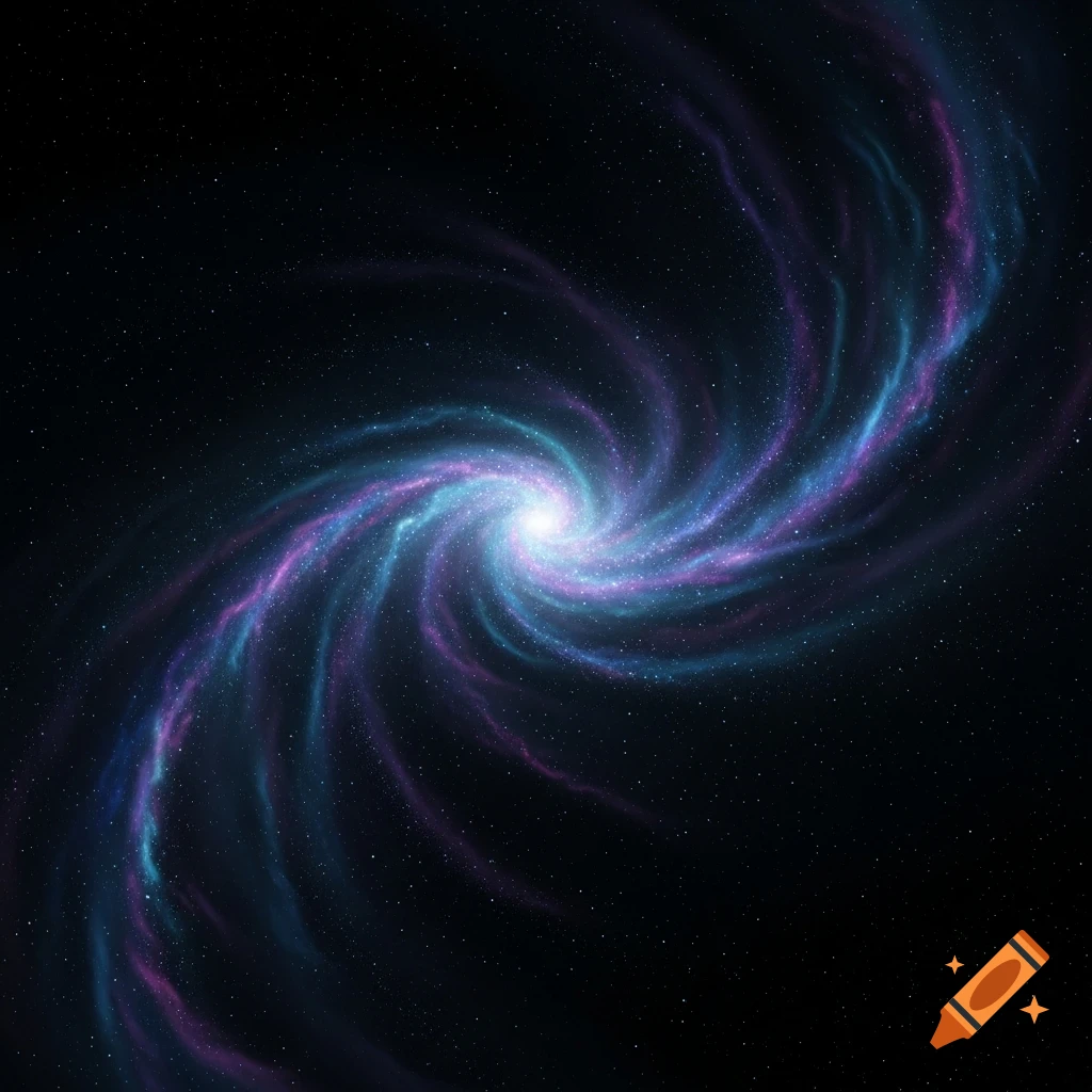 A vibrant spiral galaxy with glowing blue and pink arms swirling against a dark, star-filled cosmic background.