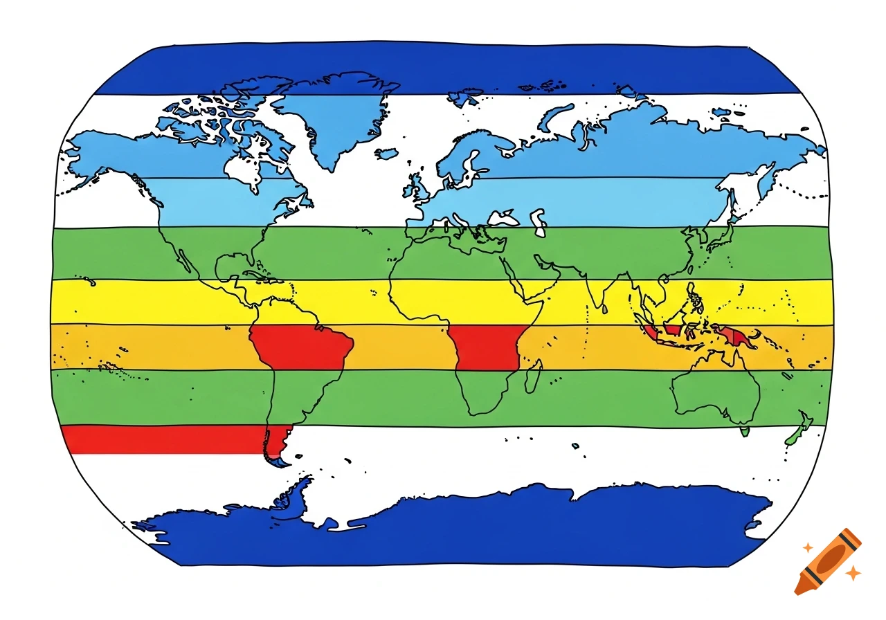 A colorful, hand-drawn world map with horizontal bands indicating climate zones.