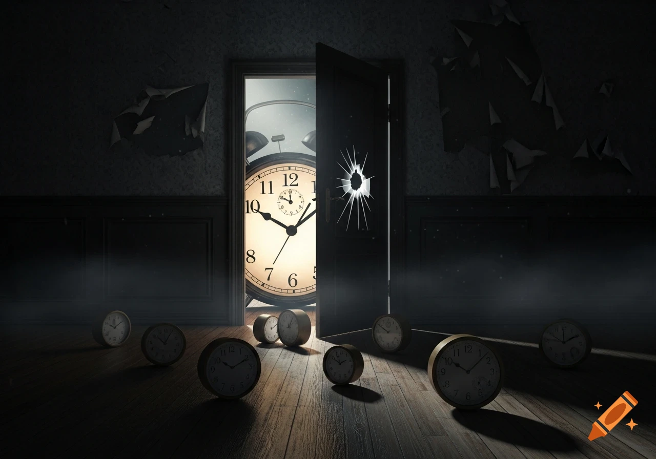 A dark, eerie room with an open door revealing a giant alarm clock, smaller clocks scattered on the wooden floor, and a shattered hole in the door.