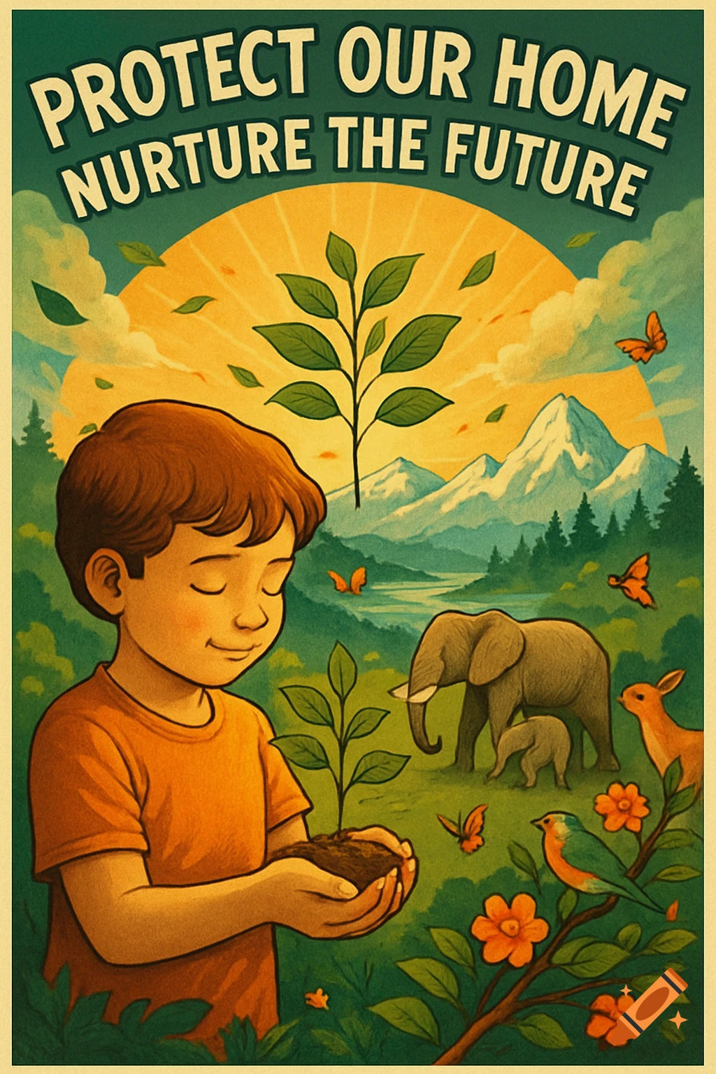 A vintage-style environmental poster shows a boy holding a sapling, with a lush landscape, elephants, deer, and birds under a rising sun. Text reads 'PROTECT OUR HOME NURTURE THE FUTURE'.