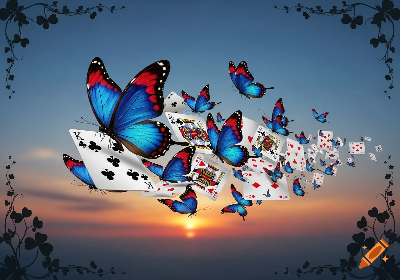 Vibrant blue and red butterflies fly amidst scattered playing cards against a sunset sky with decorative corner vines.