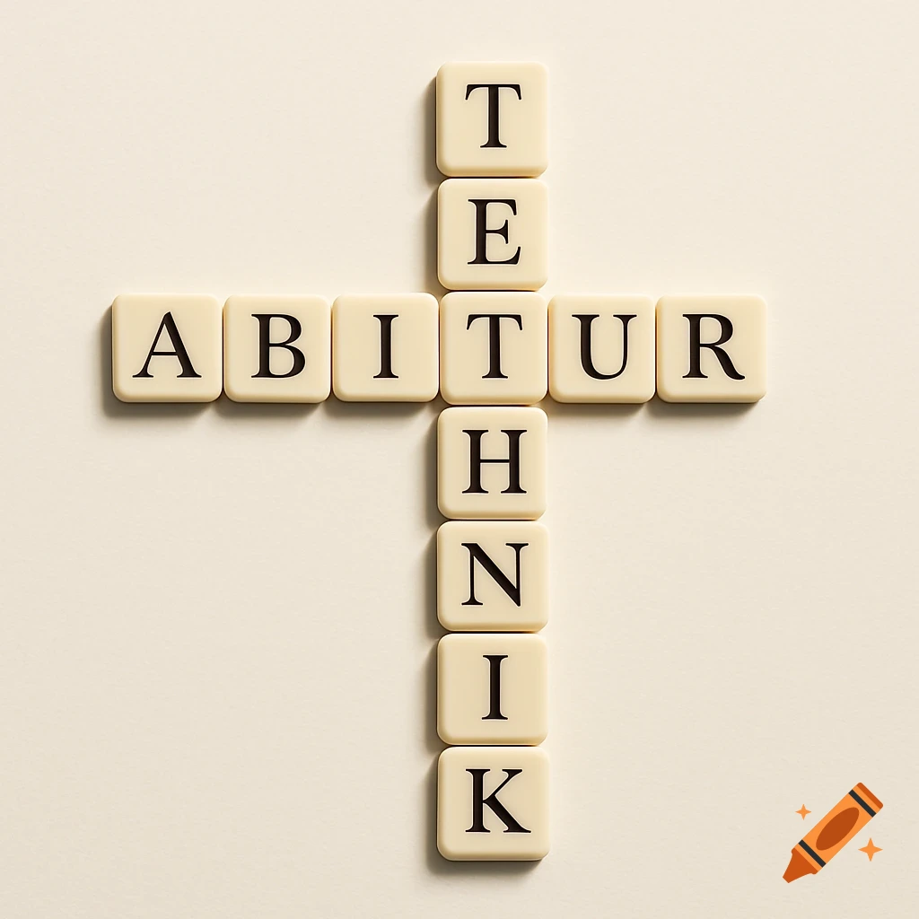 Close-up of Scrabble-like tiles spelling "ABITUR" horizontally and "TECHNIK" vertically, connected at the letter T, on a light cream background.