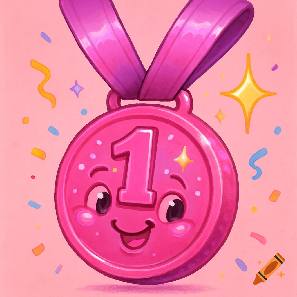 A cute, pink cartoon medal with the number '1' and a happy face, surrounded by colorful confetti, on a pink background.