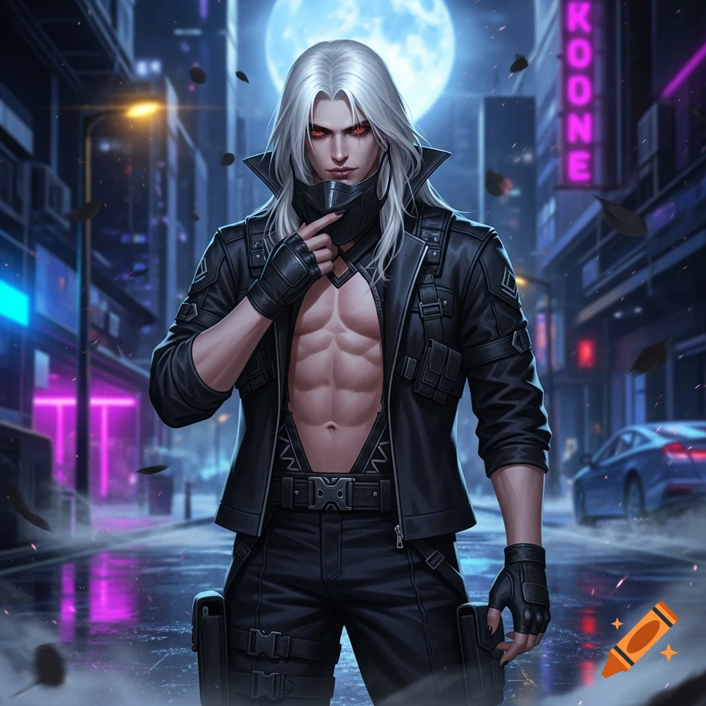 A white-haired male vampire with red eyes and an open black combat jacket revealing his muscular torso stands on a neon-lit city street at night under a full moon.