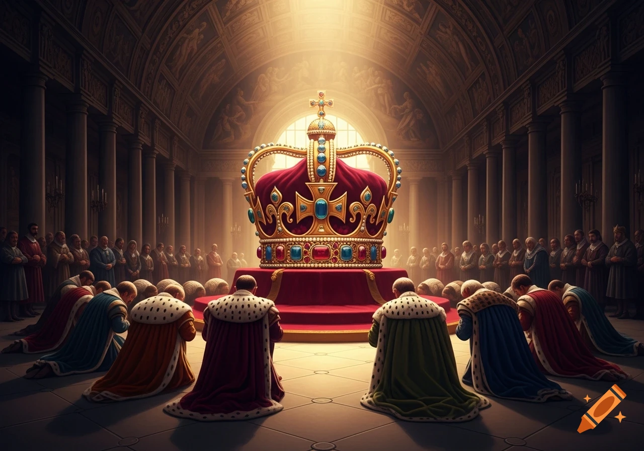 People in regal robes kneel before a large, ornate crown on a red pedestal in a grand, sunlit hall with tall columns.