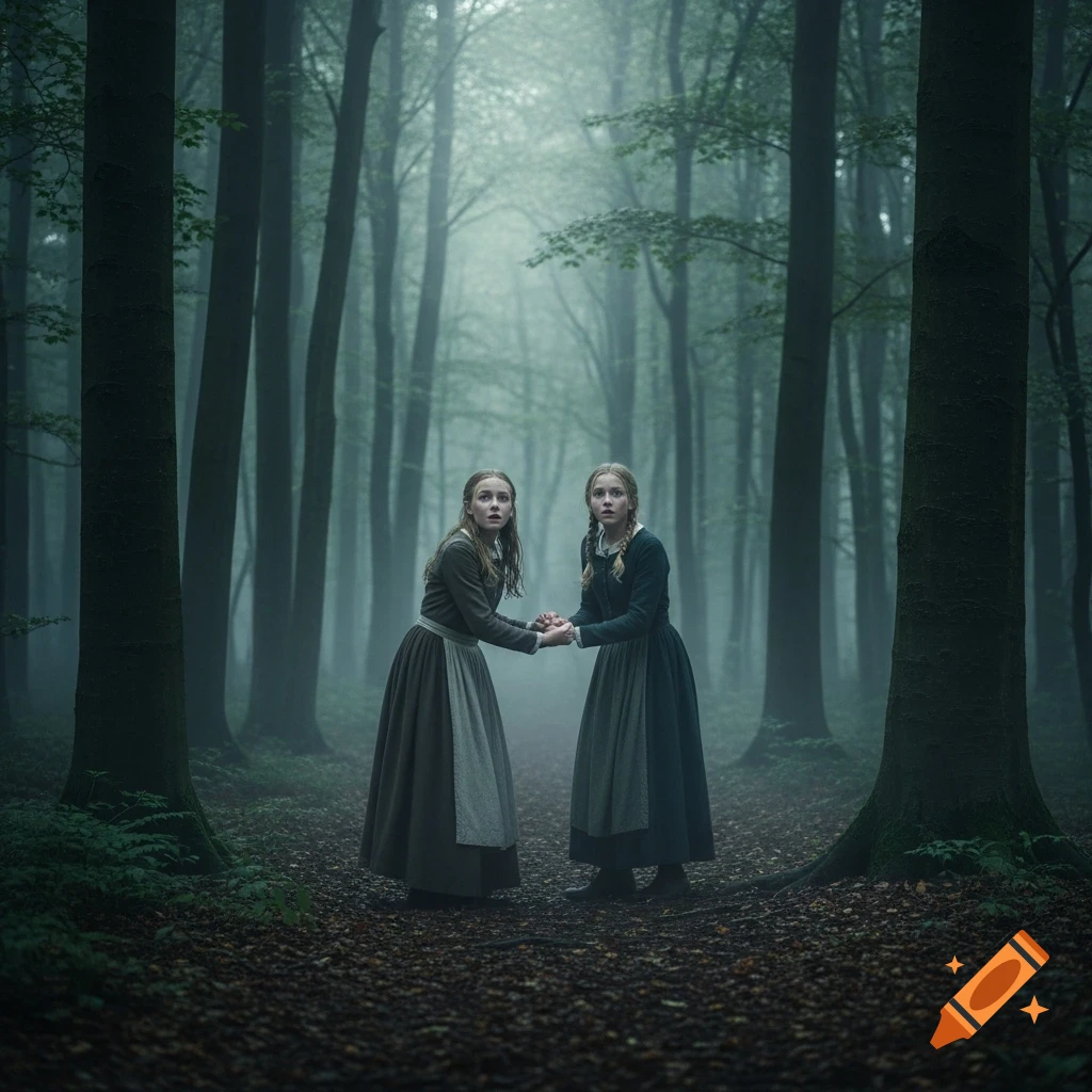 Two frightened girls in historical-style clothing hold hands in a dark, misty forest, looking startled. Photorealistic.
