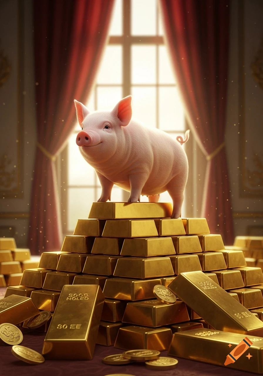 A happy, cartoon-like pig stands atop a pyramid of golden bars and coins in a luxurious room.