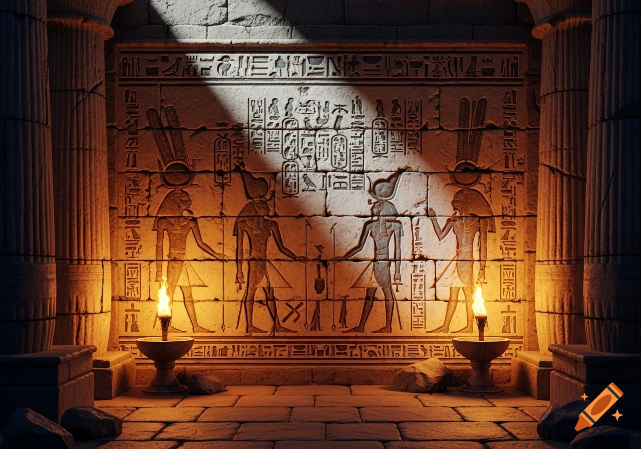 Ancient Egyptian temple interior with hieroglyphics and figures carved into stone walls, lit by flickering torchlight and sunlight.