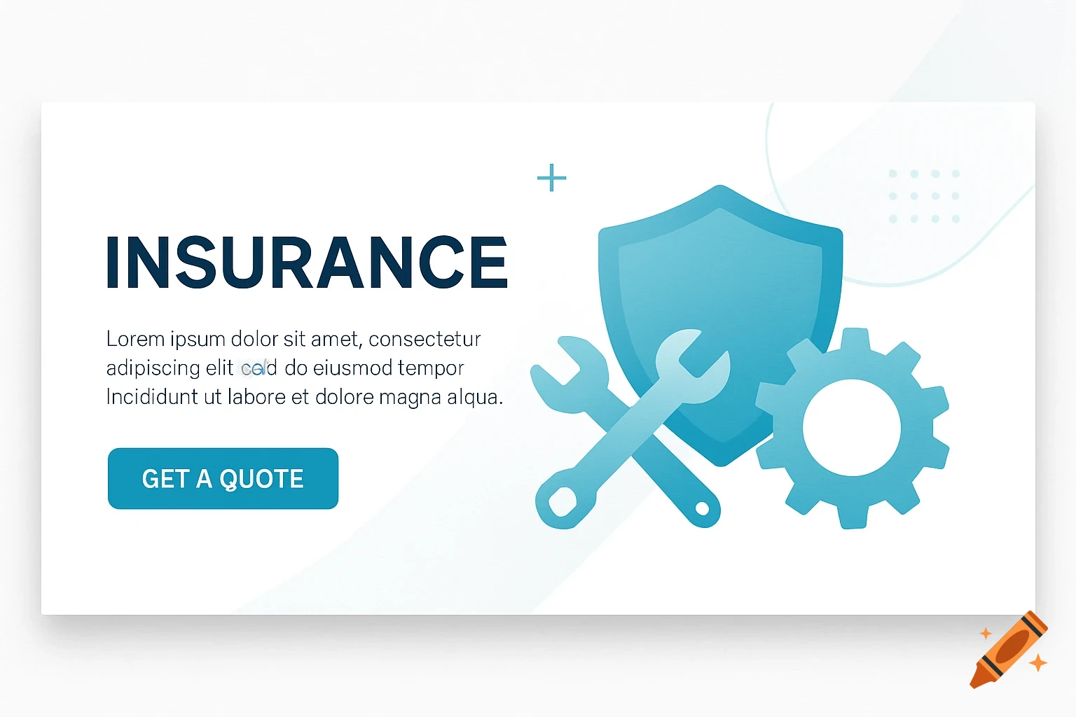 Modern insurance website banner with "INSURANCE" text, placeholder text, and a "GET A QUOTE" button, alongside a shield, wrench, and gear icon in blue and white.