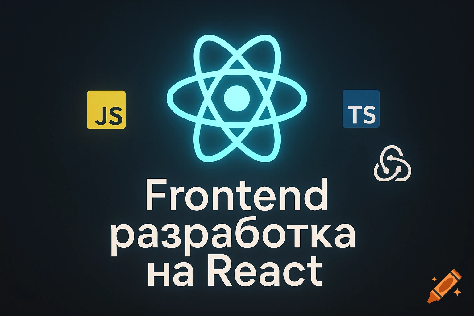 React logo with glowing blue lines, flanked by JS and TS logos, and a Redux logo. White text reads "Frontend разработка на React" on a dark background.
