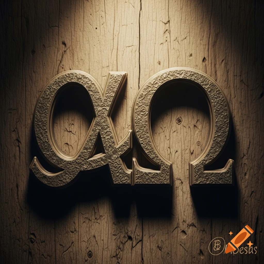 Rustic, textured Alpha and Omega symbols carved into old wood with warm earthy tones and subtle shadows.