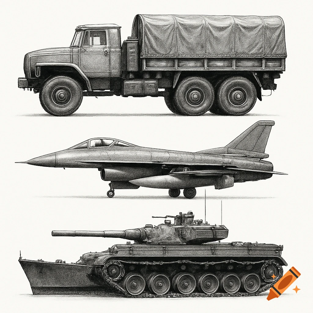 A detailed side-view drawing of a military transport truck, a fighter jet, and a tank arranged vertically on a white background.