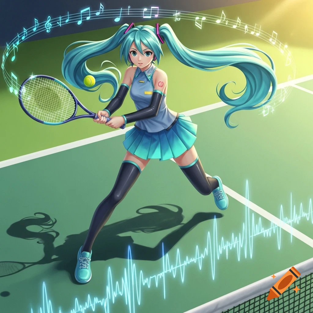 Anime character Hatsune Miku plays tennis on a green court, surrounded by musical notes and a glowing waveform.