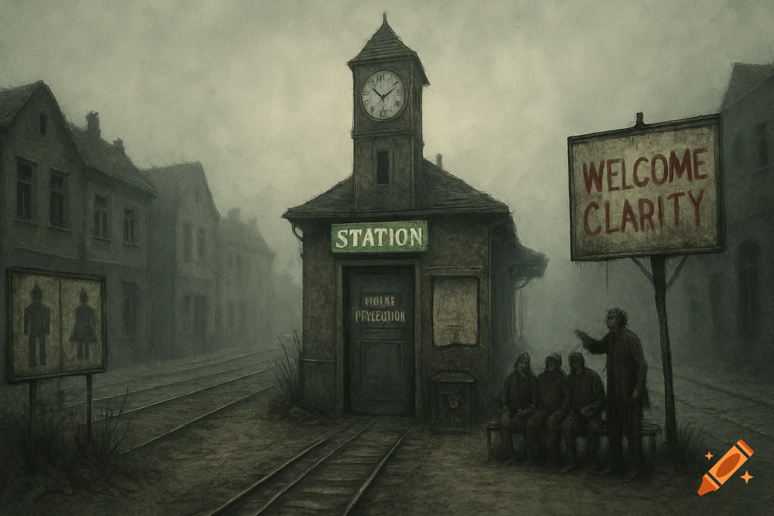 A gloomy, desolate train station with a clock tower and a sign reading 'WELCOME CLARITY' in red. Several figures sit on a bench in the foreground, with abandoned buildings in the misty background, in a dark, textured style.
