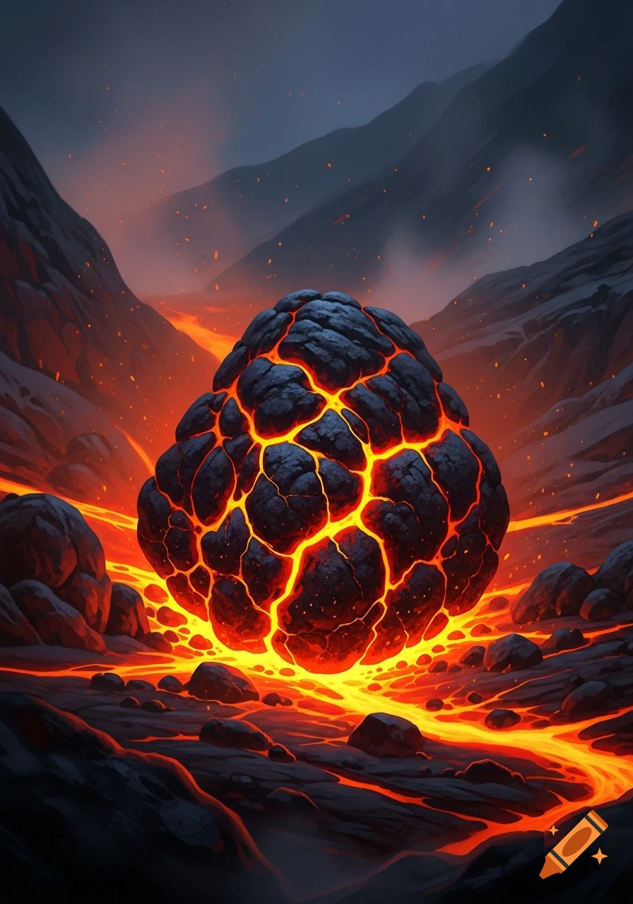 A large, glowing lava stone with cracks showing bright orange heat, in a dark volcanic landscape with flowing magma.