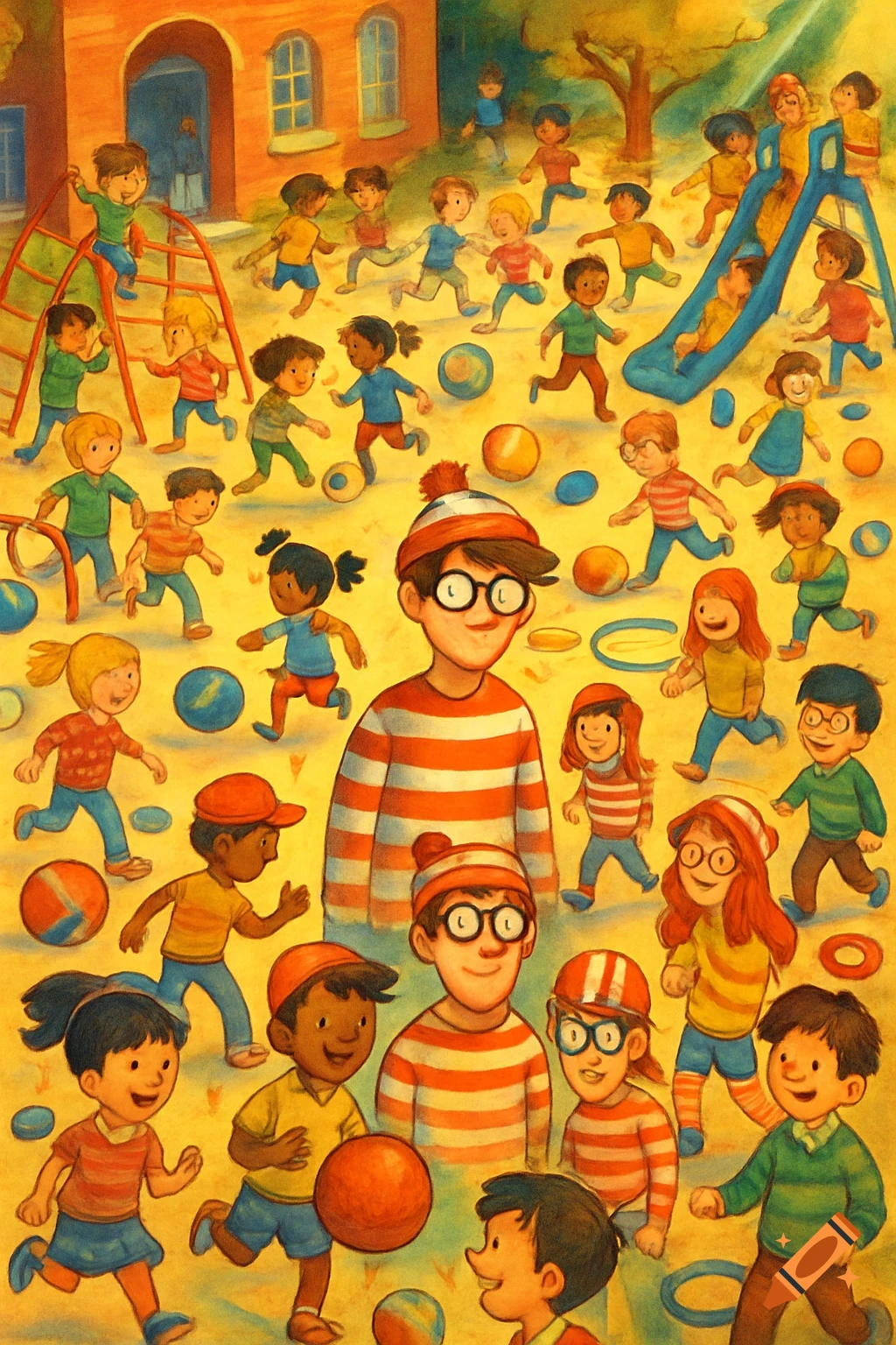 A vibrant 'Where's Waldo?' style illustration showing many children playing on a school playground with slides, swings, and balls.