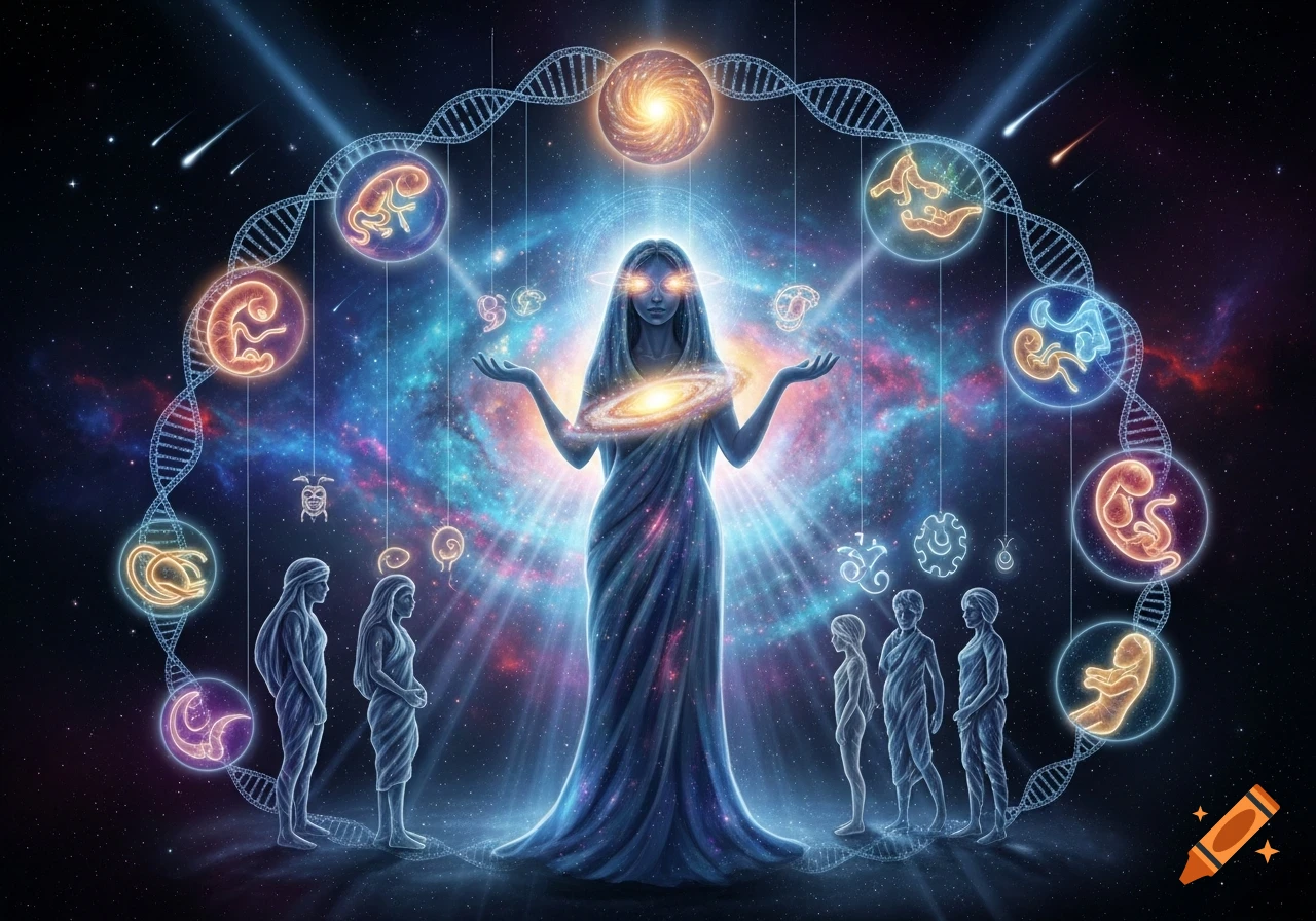 A glowing goddess figure stands in deep space, holding galaxies, encircled by a DNA helix with embryonic stages, flanked by stylized human figures. Cosmic digital art.