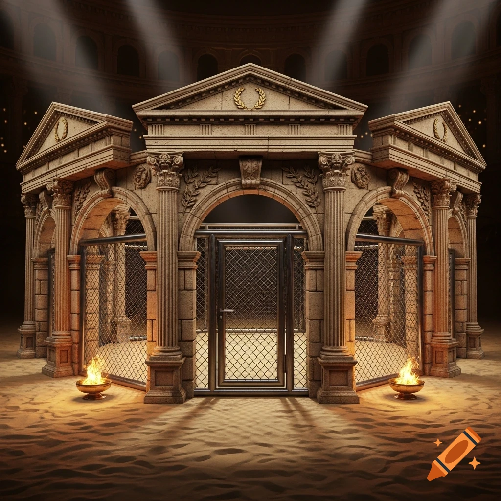 An MMA octagon cage designed like the Colosseum with Roman arches and a steel door, illuminated in a sandy arena.