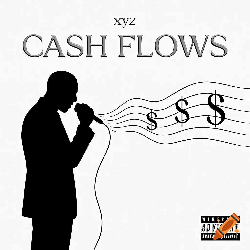 A minimalist album cover features a black silhouette of a man singing into a microphone. From his mouth, five wavy lines extend to the right, with three dollar signs acting as musical notes. The album title "CASH FLOWS" is at the top, along with "xyz" and a garbled parental advisory label at the bottom right, all against a white background.