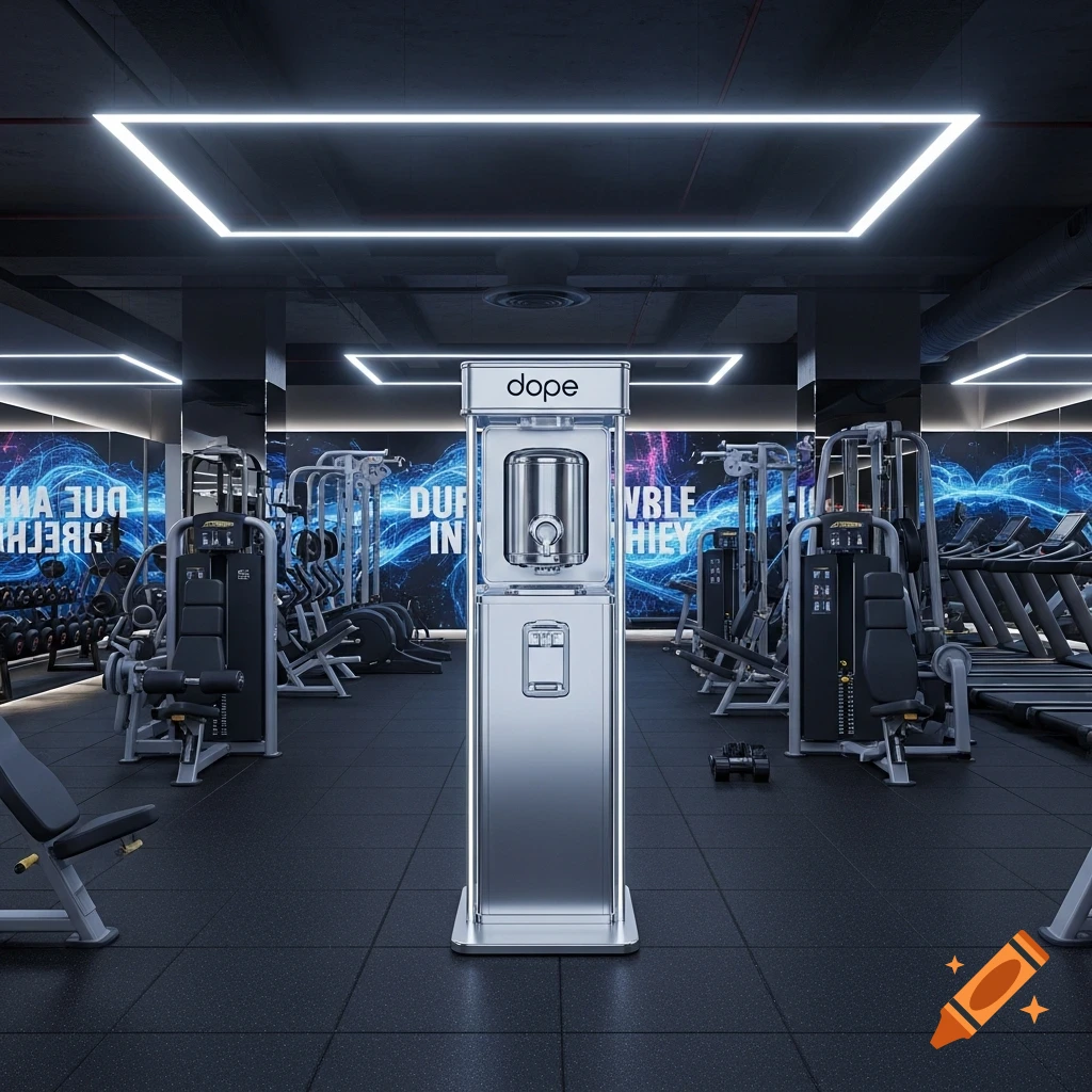 Photorealistic image of a sleek, modern water dispenser with 'dope' branding in the center of a well-equipped gym.