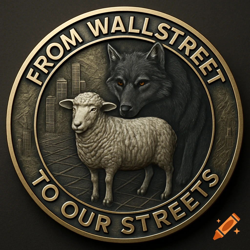 A bronze challenge coin featuring a sheep, a black wolf, and city buildings, with text 'FROM WALLSTREET TO OUR STREETS' embossed around the edge.
