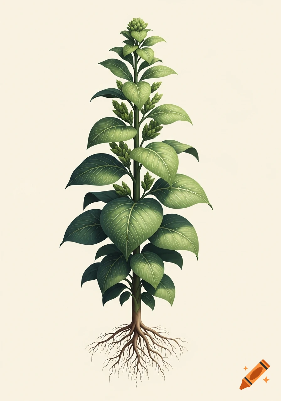 Detailed botanical illustration of a leafy green plant with a prominent stem and exposed root system, against a plain background.