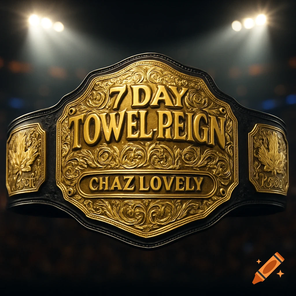 A golden and black championship wrestling belt with text "7 DAY TOWEL REIGN" and "CHAZ LOVELY" under bright spotlights.
