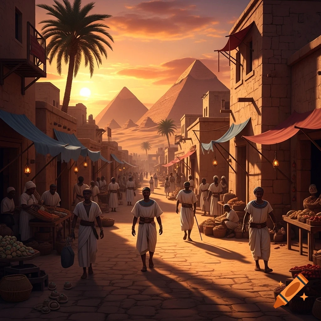 Bustling ancient Egyptian street market at sunset, with people, market stalls, and pyramids in the desert background.