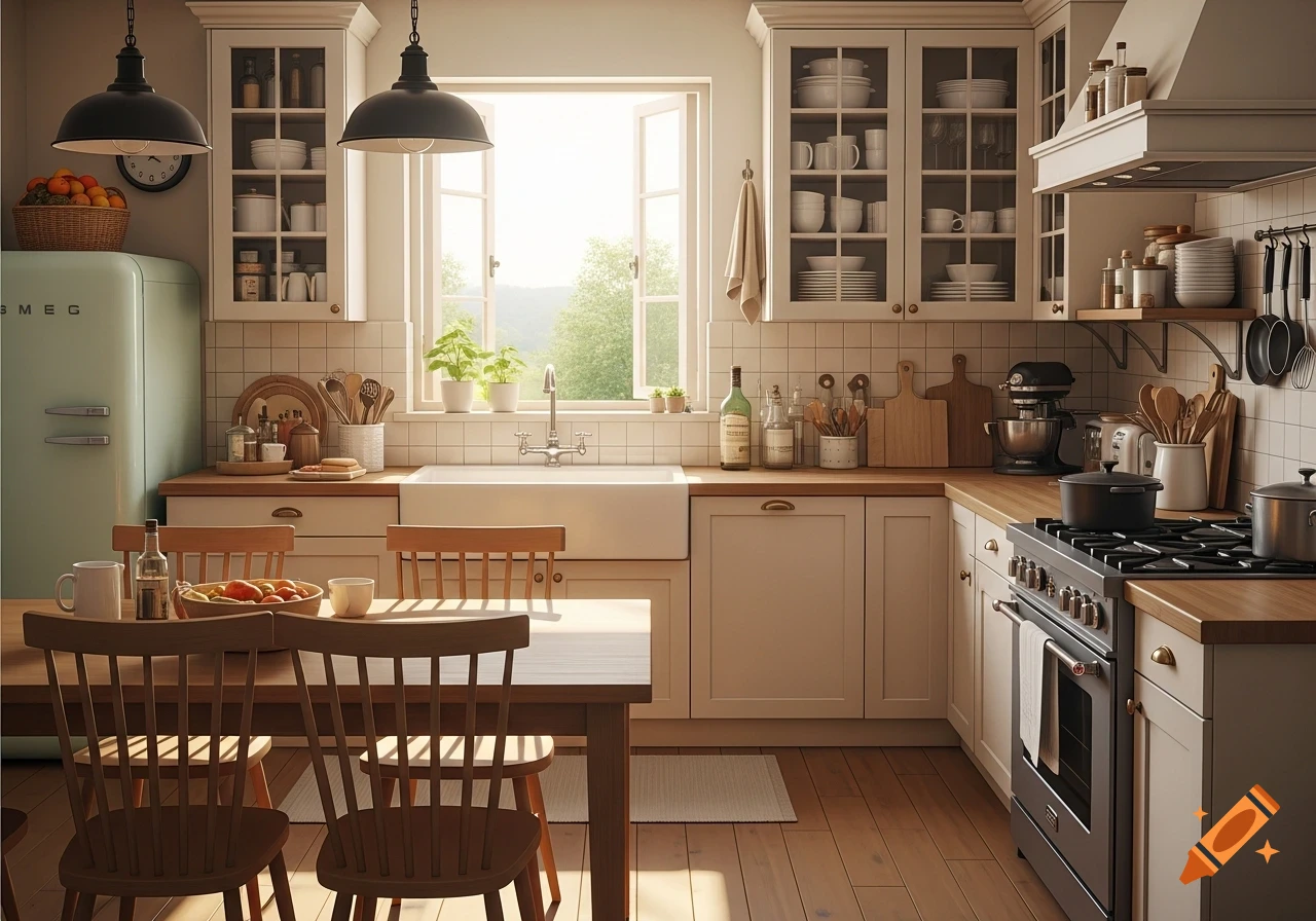 A sunlit, cozy kitchen with a retro light blue refrigerator, wooden dining table, and neatly arranged kitchenware.