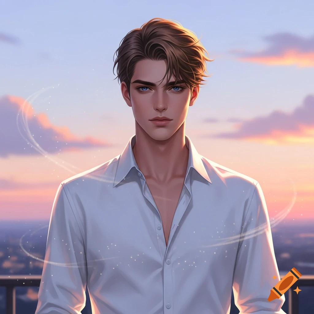 Anime illustration of a young man with brown hair and blue eyes in a white shirt, standing on a balcony with a sunset sky.