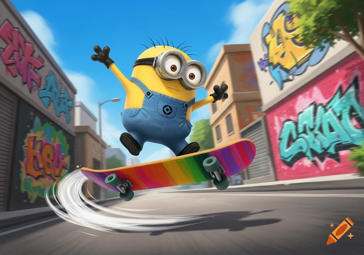 A cartoon Minion in denim overalls performs a skateboard trick in a vibrant urban street with graffiti-covered buildings.
