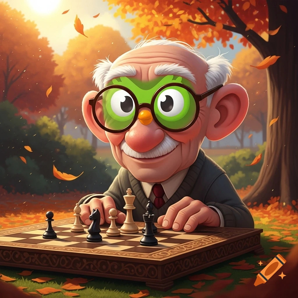 A cartoon elderly man with green Duolingo owl eyes smiles while playing chess in an autumn park with fallen leaves.