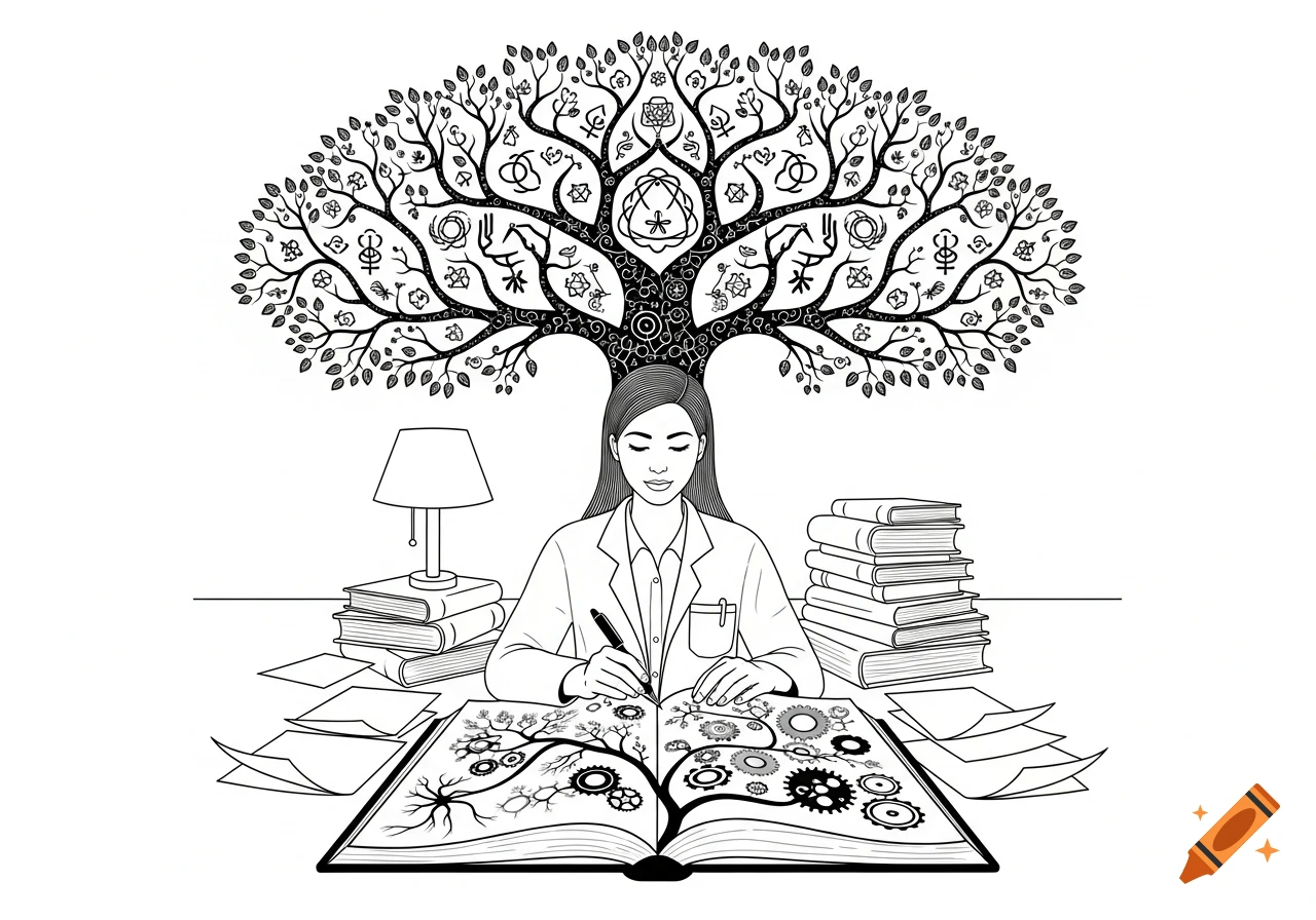 Black and white line art of a woman studying at a desk with an open book, from which a tree of knowledge with symbols grows above her head.
