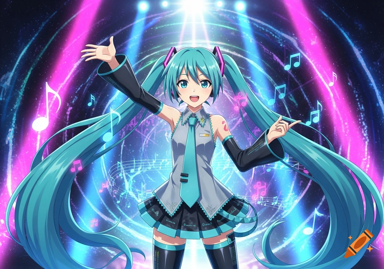 Hatsune Miku, an anime character with long turquoise pigtails, smiles with her arms raised on a stage illuminated by bright pink and blue lights and floating musical notes.