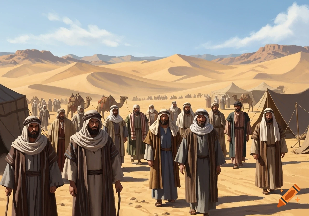 A group of men in robes and head coverings stand in a desert landscape with tents and camels. Digital painting.