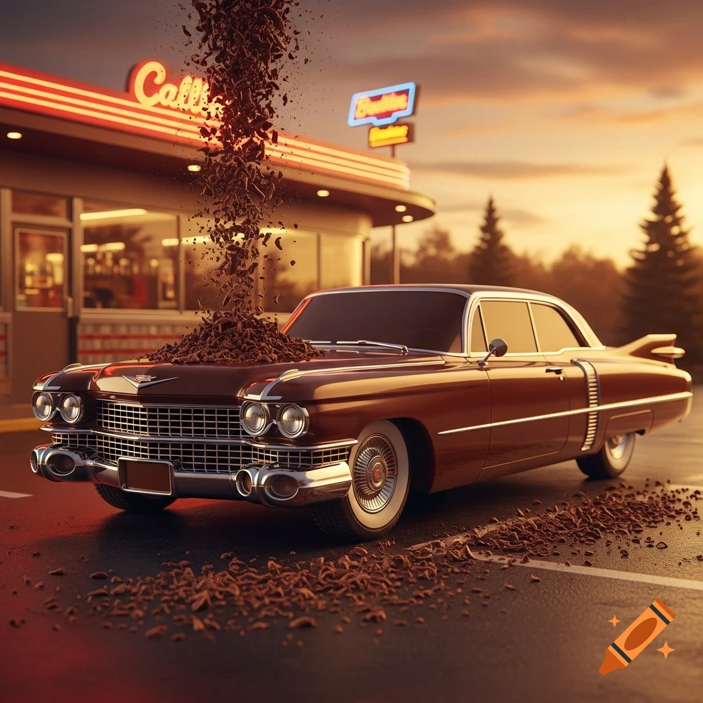 A brown classic Cadillac with chocolate shavings falling onto its hood and scattering on the ground, parked outside a diner at sunset.