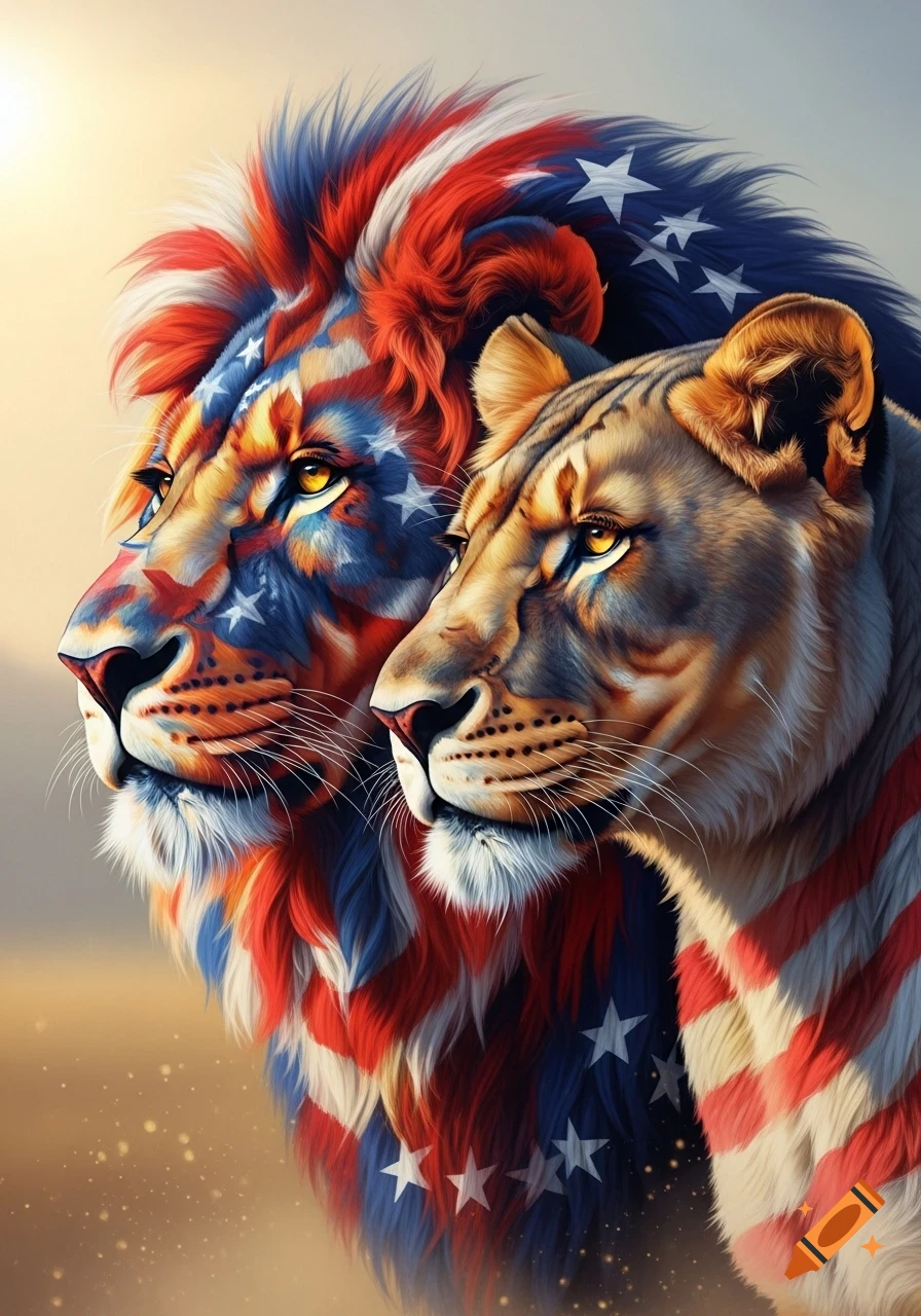 A realistic portrayal of a lion and lioness with their fur patterned in red, white, and blue, featuring stars and stripes.