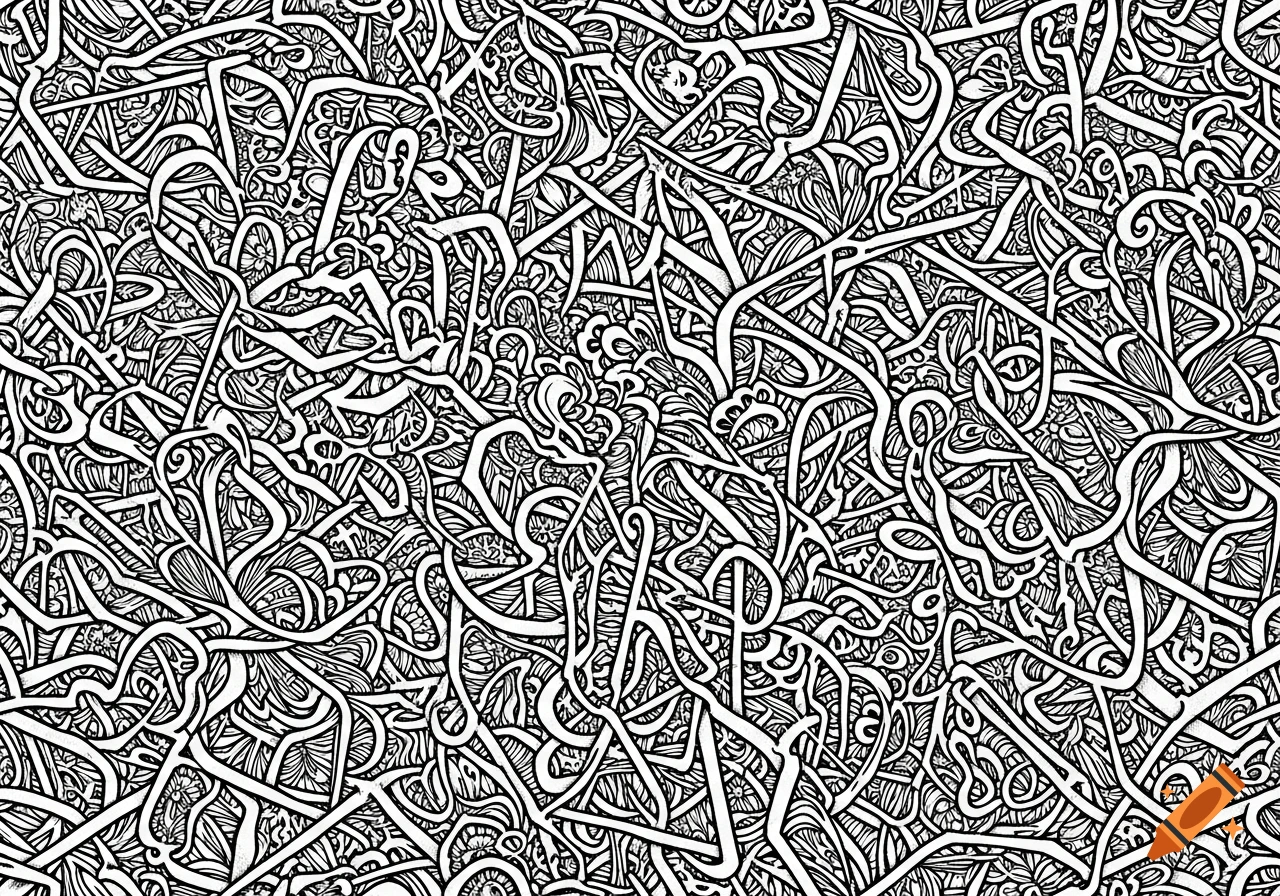 Intricate black and white abstract pattern of intertwining lines and organic shapes.