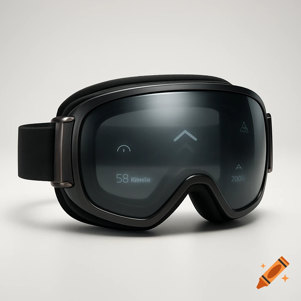 Sleek black augmented reality ski goggles with a glowing digital display showing speed and data, against a clean white background.