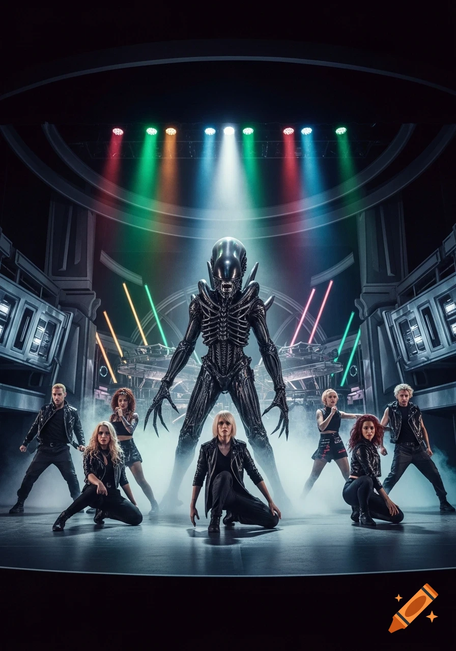 A Xenomorph stands center stage with seven dancers in black outfits posing around it, illuminated by colorful stage lights and smoke.