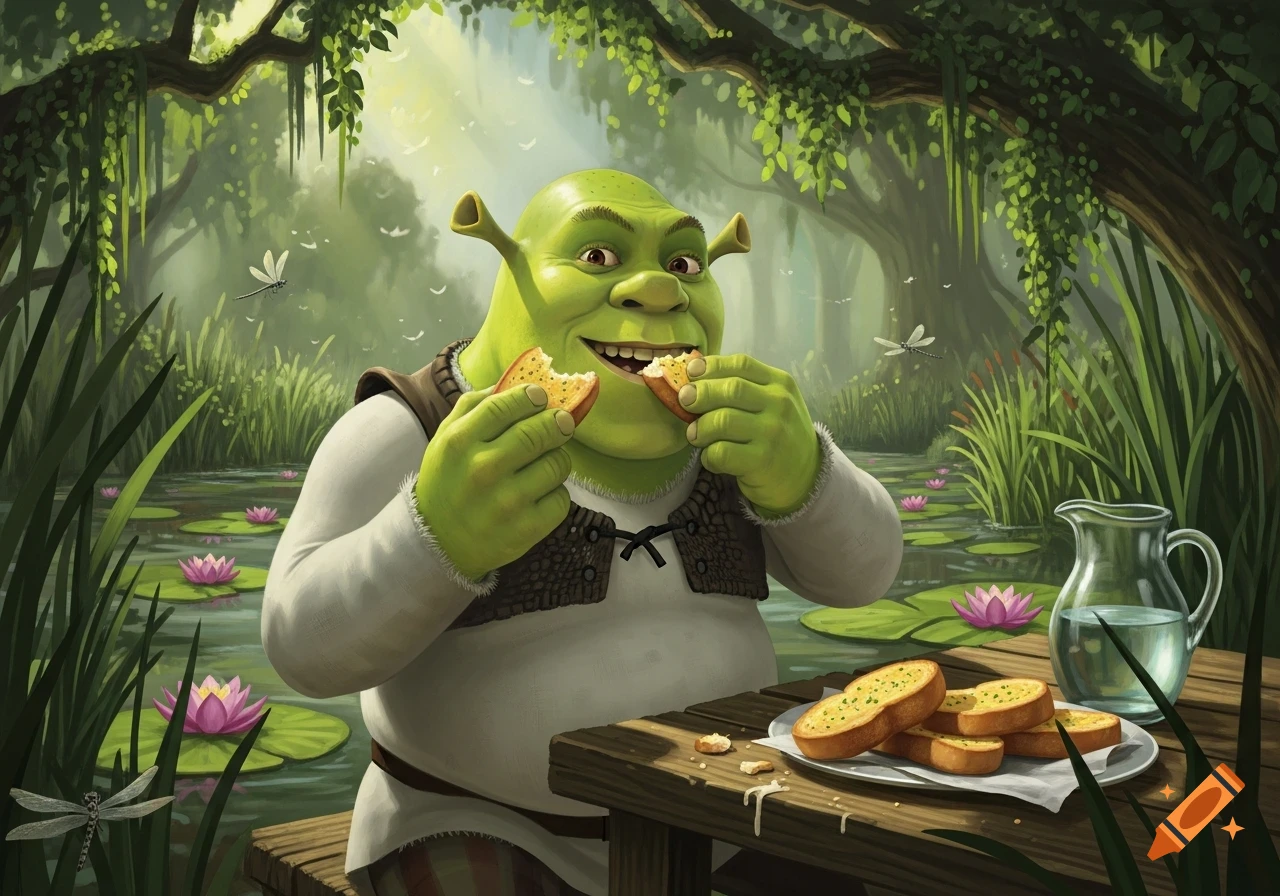 Shrek happily eats garlic bread at a wooden table in a vibrant, lush swamp with water lilies and dragonflies, painted digitally.