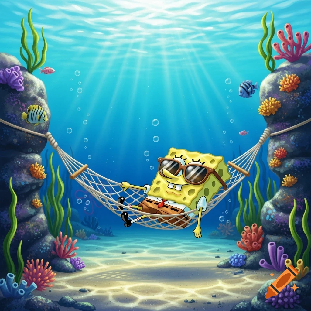 Spongebob Squarepants in sunglasses relaxes in a hammock suspended between two rock formations underwater, surrounded by coral and fish.